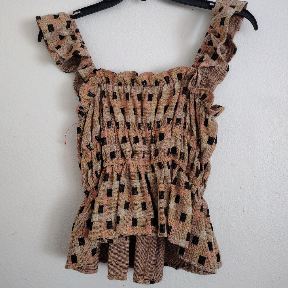 Eva Franco Ruffled Checkered Square Patterned Tan Multicolor Top Size Medium - Picture 13 of 13